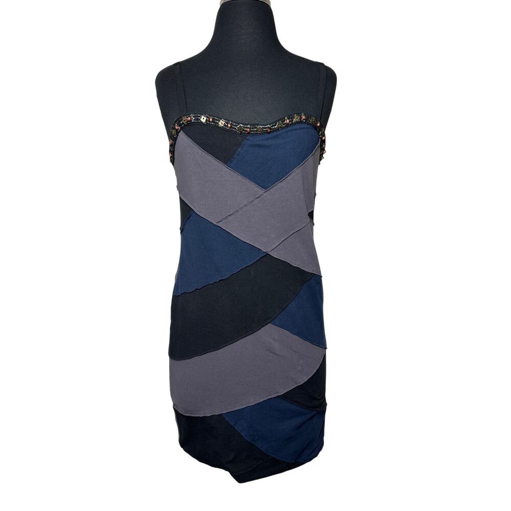 Free People Patchwork Sleeveless Bodycon Mini Dress Beaded Neckline Size L Boho
